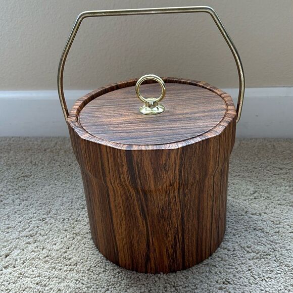 Vintage Mid Century Modern Ice Bucket Faux Wood Grain MCM - Picture 1 of 8